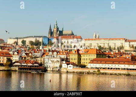 A view from the Charles Bridge across the river, Vitava of St Vitus`s Cathedral and the Royal Palace Stock Photo